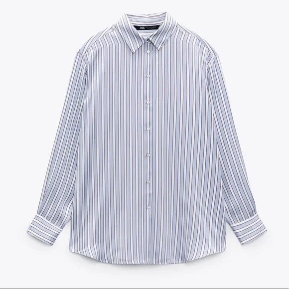 NWT. Zara Blue/White Stiped Satin Effect Blouse/Shirt. Size S. - Picture 7 of 11